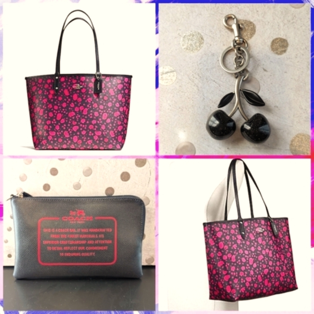 3pc Coach Pink Floral Leather Tote -Wristlet/Bag Charm 🍒